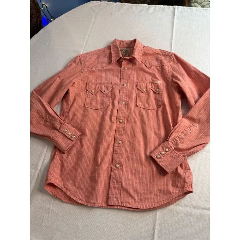 Lucky Brand Sportswear Coral Pink Stripe Peal Snap VTG Button Up Shirt Sz Medium